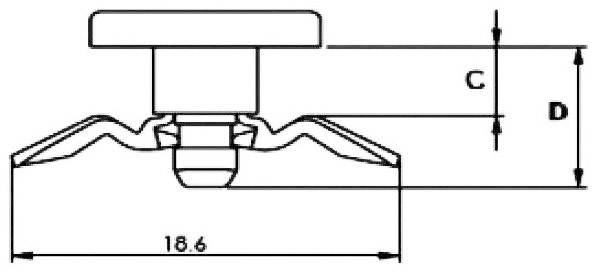 Technical drawing of a fixing element with dimensions. Width at the bottom: 18.6 mm. Height dimensions 'C' and 'D' are specified.