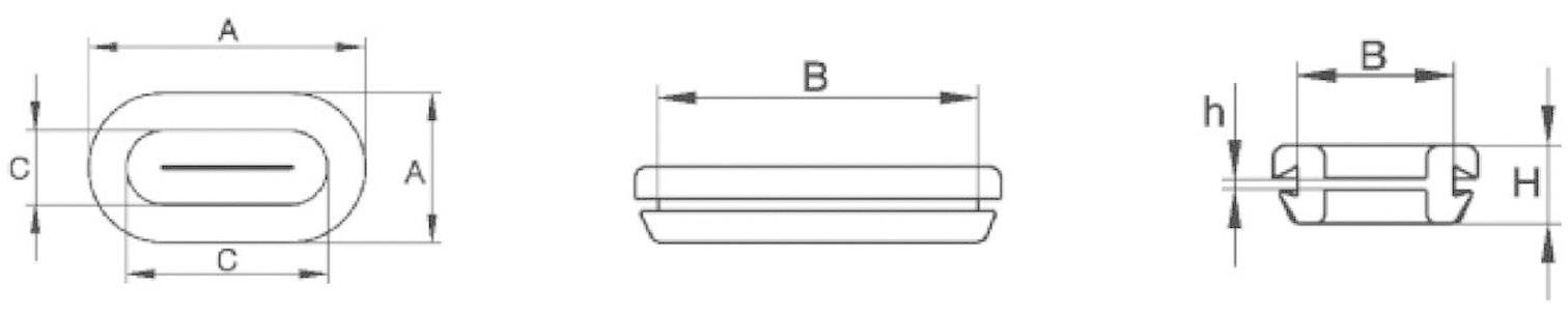 Technical drawing of an oval object with dimensions: Height (H), Width (B), Length (A), and Thickness (C), side and top view.