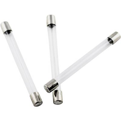 Three glass fuses with metal caps, lying diagonally in relation to each other on a white surface.
