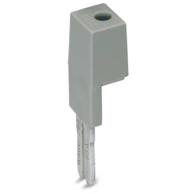 Grey, rectangular connector with two metal pins. Top surface has a circular opening.