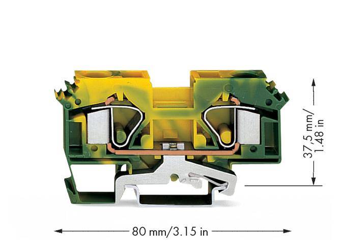 Cross-section of an electrical terminal block with green and yellow colouration, 80 mm wide, 37.5 mm high.