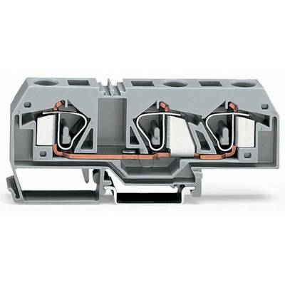 Grey terminal block with three connections. Copper conductors and metal contacts are visible. It is used for electrical connection.