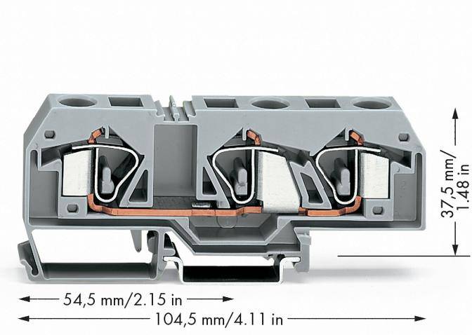 Grey electrical terminal block with dimensions: 54.5 mm width, 104.5 mm length, 37.5 mm height. Suitable for cable connections.