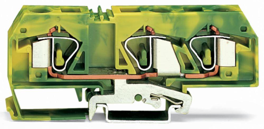 A green-yellow marbled electrical terminal block used for connecting wires in electrical installations.