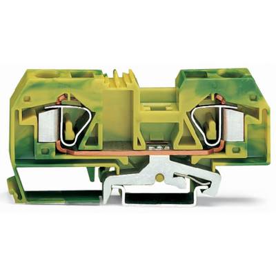 Two-storey green-yellow terminal block with metallic connections and plastic housing, for electrical connection of cables.
