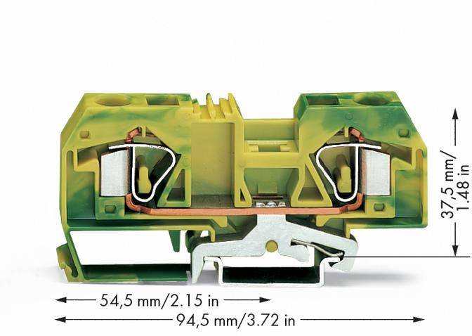 Plastic terminal block with metallic plug-in connections in green and yellow. Dimensions: 54.5 mm width, 94.5 mm length, 37.5 mm height.