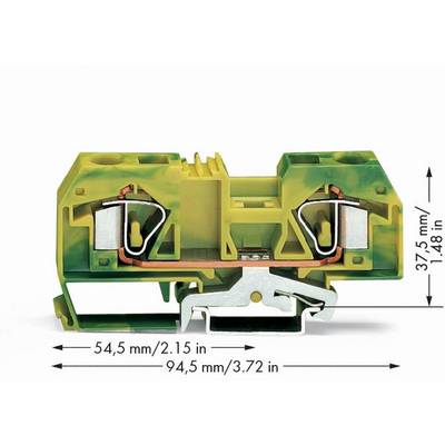 Plastic terminal block with metallic plug-in connections in green and yellow. Dimensions: 54.5 mm width, 94.5 mm length, 37.5 mm height.