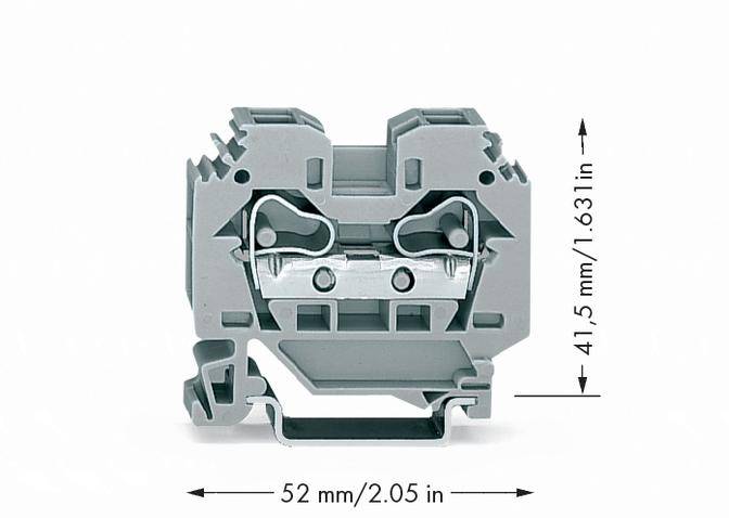 Figure of a grey DIN rail mounting clip with dimensions: 52 mm length and 41.5 mm height.
