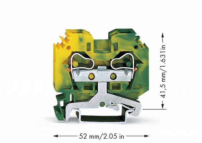 Figure of a yellow-green terminal block measuring 41.5 mm x 52 mm, showing metallic terminals and insertion openings.