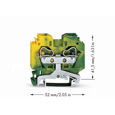 Figure of a yellow-green terminal block measuring 41.5 mm x 52 mm, showing metallic terminals and insertion openings.