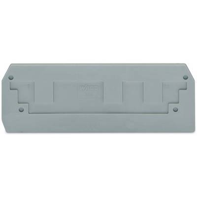 Grey plastic component with a rectangular shape, grooves on the sides and raised lettering in the centre.