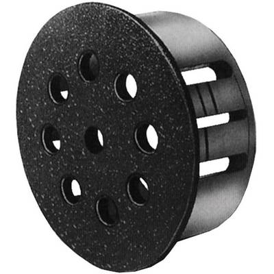 Black, round component with multiple circular openings and slots on the side, likely for ventilation or cable routing.
