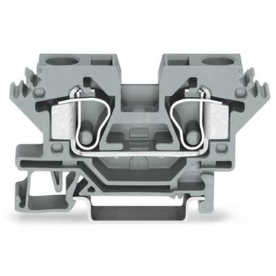 Cross-section of a grey electrical terminal block with metallic connections and insulating elements, side recesses visible.