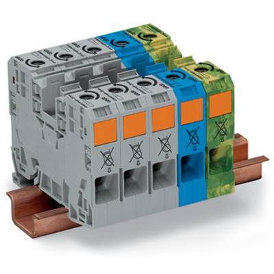 A row of grey, blue, and green electrical terminal blocks on a metal rail. Suitable for securely connecting cables in electrical devices.