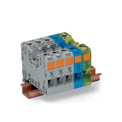 Several grey electrical module connectors on a copper rail, with blue, green, and orange markings.