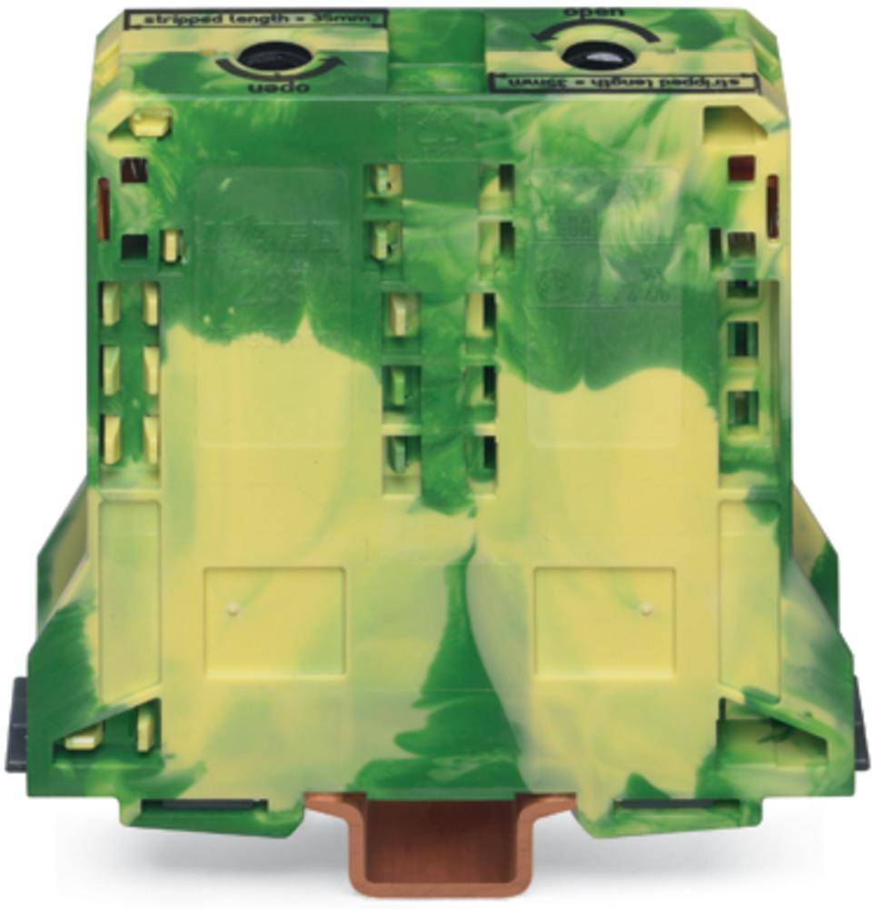A green and yellow technical component with multiple apertures and connections on the sides, used in electrical installations.