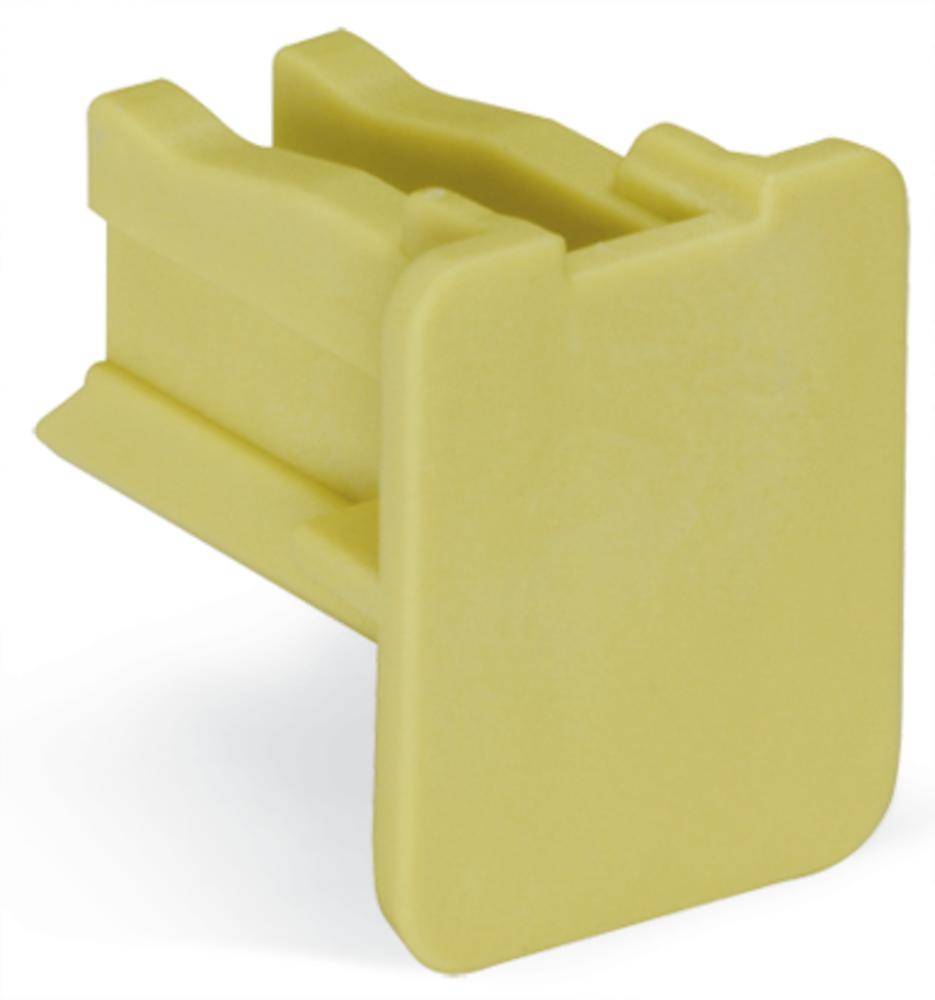 Yellow plastic component with a rectangular shape and two slots. Purpose unclear.