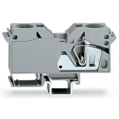 Grey electrical connector with a metal mechanism in the centre, used for connecting electrical cables in industrial applications.