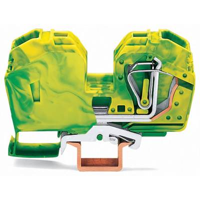 A yellow-green electrical terminal block with metallic contacts and spring mechanisms, designed for secure electrical conductor connection.