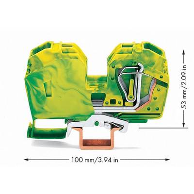 Illustration of a yellow-green terminal block with a width of 100 mm and a height of 53 mm, ideal for electrical connections.