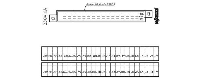 Power Distribution Unit, 250V 4A, Brand: Wago. Top: Connection Layout. Bottom: Tables with Connection Designations.