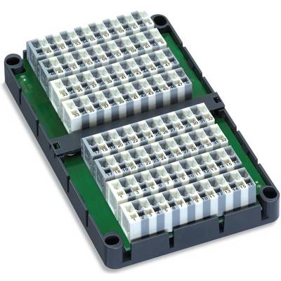 Electronic distribution board with multiple terminal blocks for cable connection, installed on a rectangular mounting bracket.