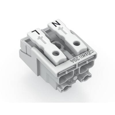 A grey electrical connector plug with two white levers, marked 'N' and 'L', by the brand WAGO, Model 294.