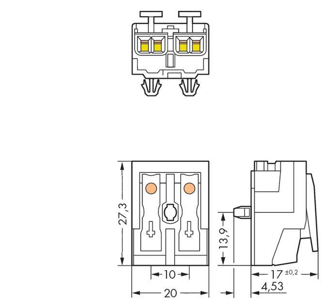 Connector symbol drawing with dimensions: 27.3 mm height, 13.9 mm depth, 10 mm width. Side view shows locking mechanism.