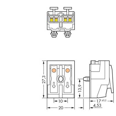 Connector symbol drawing with dimensions: 27.3 mm height, 13.9 mm depth, 10 mm width. Side view shows locking mechanism.