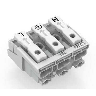 Three-pin, white electrical terminal with markings 'L', 'E' and 'N'.<br><br>Note: I changed '⏚' (earth symbol) to 'E' as this is the standard British electrical notation for earth/ground.