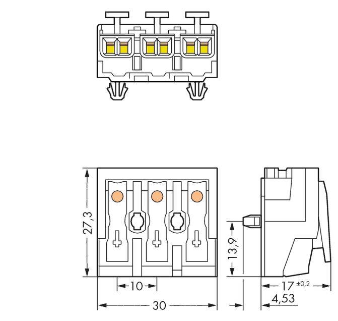 Technical drawing of a three-pole connector with dimensions: height 27.3 mm, width 30 mm, depth 13.9 mm.