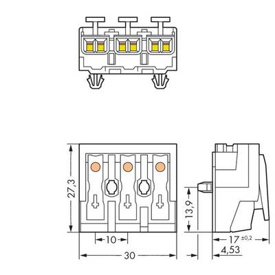 Technical drawing of a three-pole connector with dimensions: height 27.3 mm, width 30 mm, depth 13.9 mm.