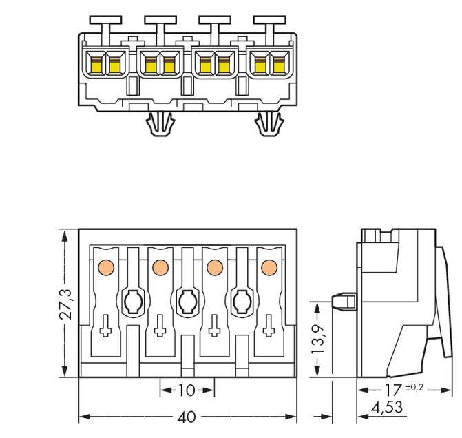 Technical drawing of an electrical connector with dimensions in millimetres. Front and side view with detailed measurements.