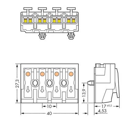 Technical drawing of an electrical connector with dimensions in millimetres. Front and side view with detailed measurements.