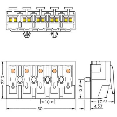 Technical drawing of a connector with dimensions: width 50 mm, height 27.3 mm, depth 17 mm. Six connector slots are visible.