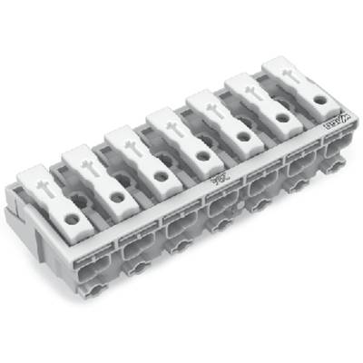 Six-way terminal block in grey, variable for wiring electrical circuits, with electrical connections on the top surface.