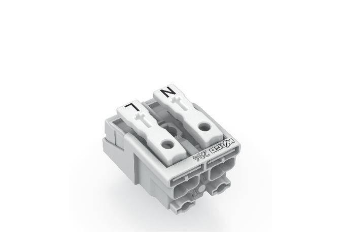 A two-pole WAGO terminal block with positive and negative connections, each marked with 'N' and 'L'.
