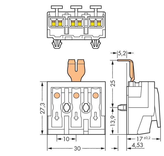Technical drawing of a three-pole terminal block with dimensions: width 30 mm, height 27.3 mm, depth 25 mm. Side view shows lever.