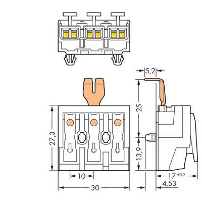 Technical drawing of a three-pole terminal block with dimensions: width 30 mm, height 27.3 mm, depth 25 mm. Side view shows lever.