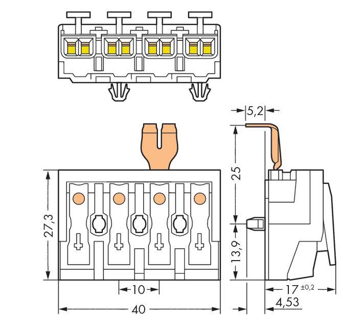 Technical drawing of a four-pole connector, showing front and side views with precise dimensions in millimetres.