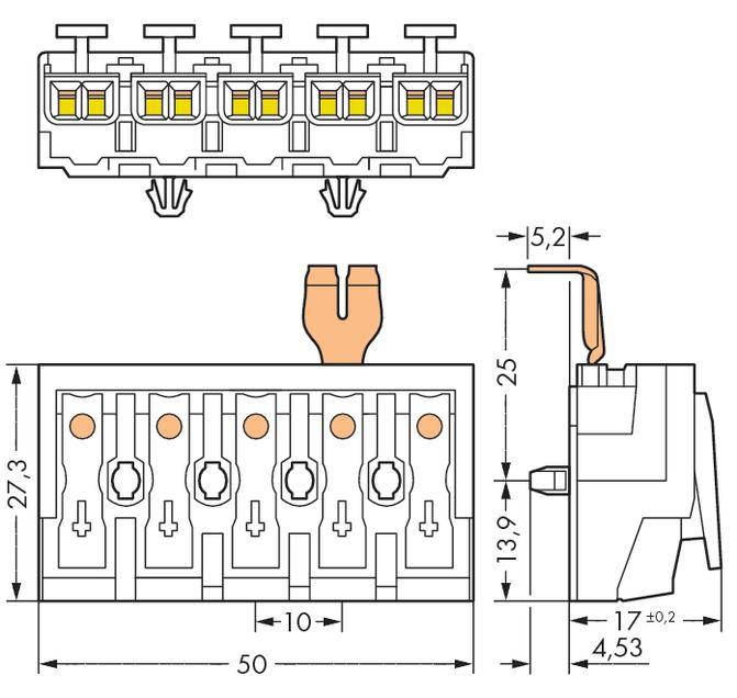 Technical drawing of a five-way connector with dimensions: width 50 mm, height 25 mm, depth 27.3 mm and contact spacing 5.2 mm.