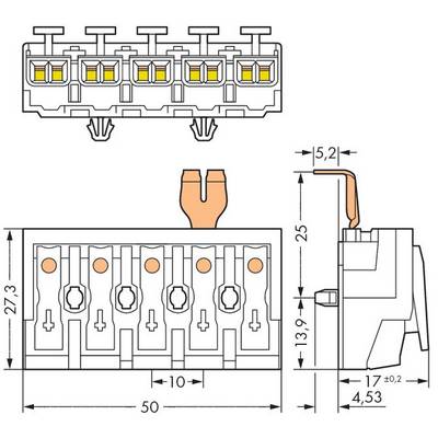 Technical drawing of a five-way connector with dimensions: width 50 mm, height 25 mm, depth 27.3 mm and contact spacing 5.2 mm.
