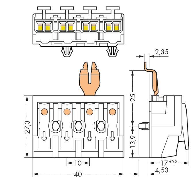 Technical drawing of an electrical connector with dimensions in millimetres. Shows top view, front view and side view.