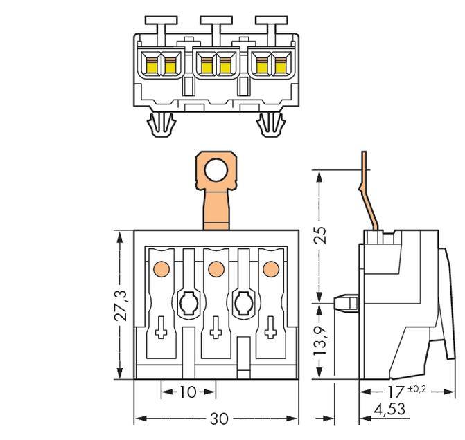 Technical drawing of an electrical switch with dimensions in millimetres. Shows front, side, and top view with three terminals.