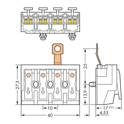 Drawing of an electrical switch from various perspectives with dimensional specifications. Dimensions: width 40 mm, height 27.3 mm, depth 25 mm.