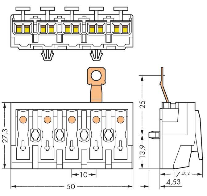 Technical drawing of an electrical plug connector. Detailed dimensions such as height, width and depth, as well as plug positions are specified.