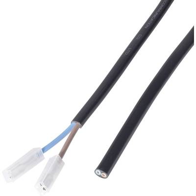 Two-core power cable with blue and brown insulation, plastic plug connectors at one end and exposed copper tips.