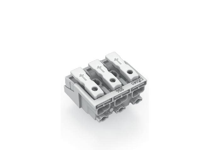 A grey, three-pin plug connector with levers, used for electrical connections in devices or installations.