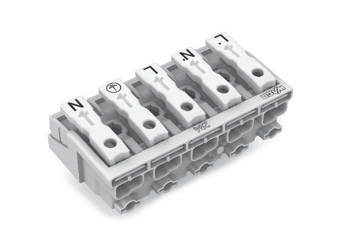 'Electrical terminal strip with five white levers and markings for N and T, used for secure cable connections in electrical installations.'