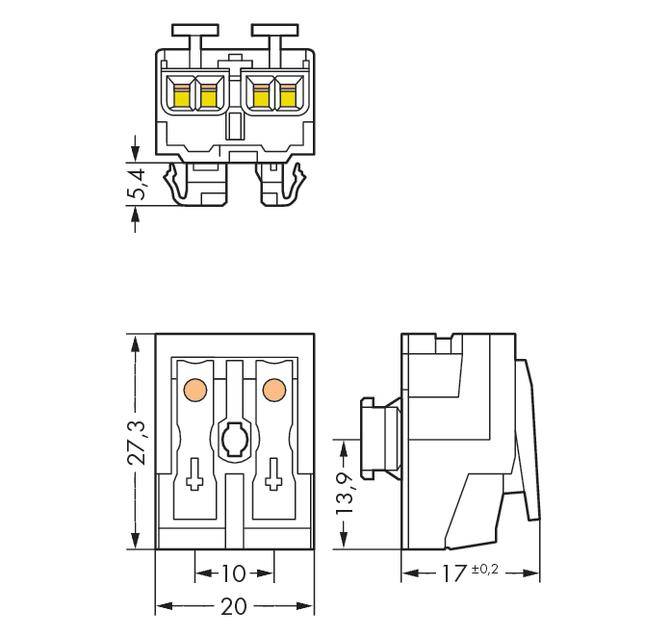 Figure of an electrical connector showing front and side views. Dimensions: 20mm width, 27.3mm height, 17mm depth.